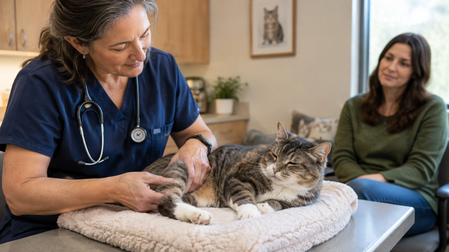 A veterinarian in scrubs examines a resting tabby cat on an exam table while the owner watches in an examination room.