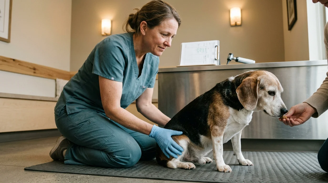 A veterinarian in teal scrubs examines an older beagle sitting on a mat while an owner feeds it a treat.