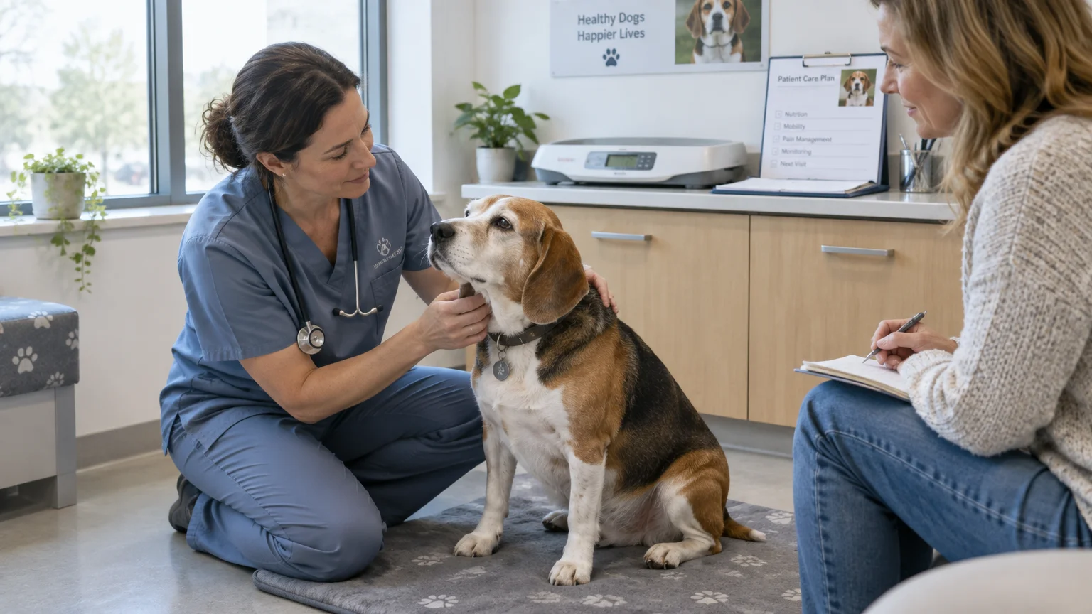 A female veterinarian kneels beside a beagle during an examination while a woman sits taking notes in a clinic.