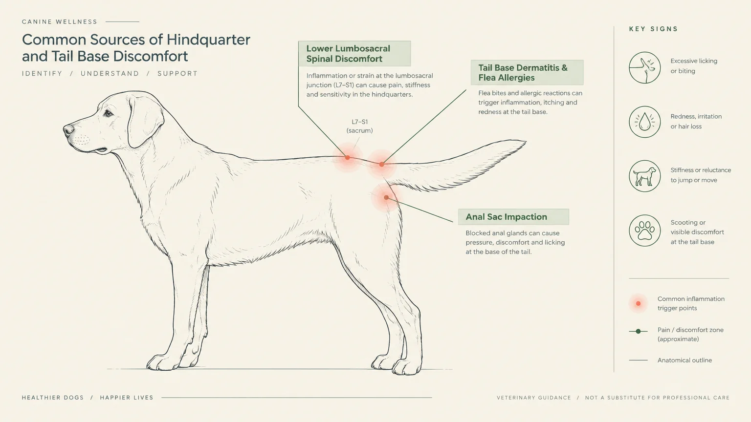 Diagram of a dog highlighting inflammation trigger points at the lower spine, tail base, and anal sacs with key signs.