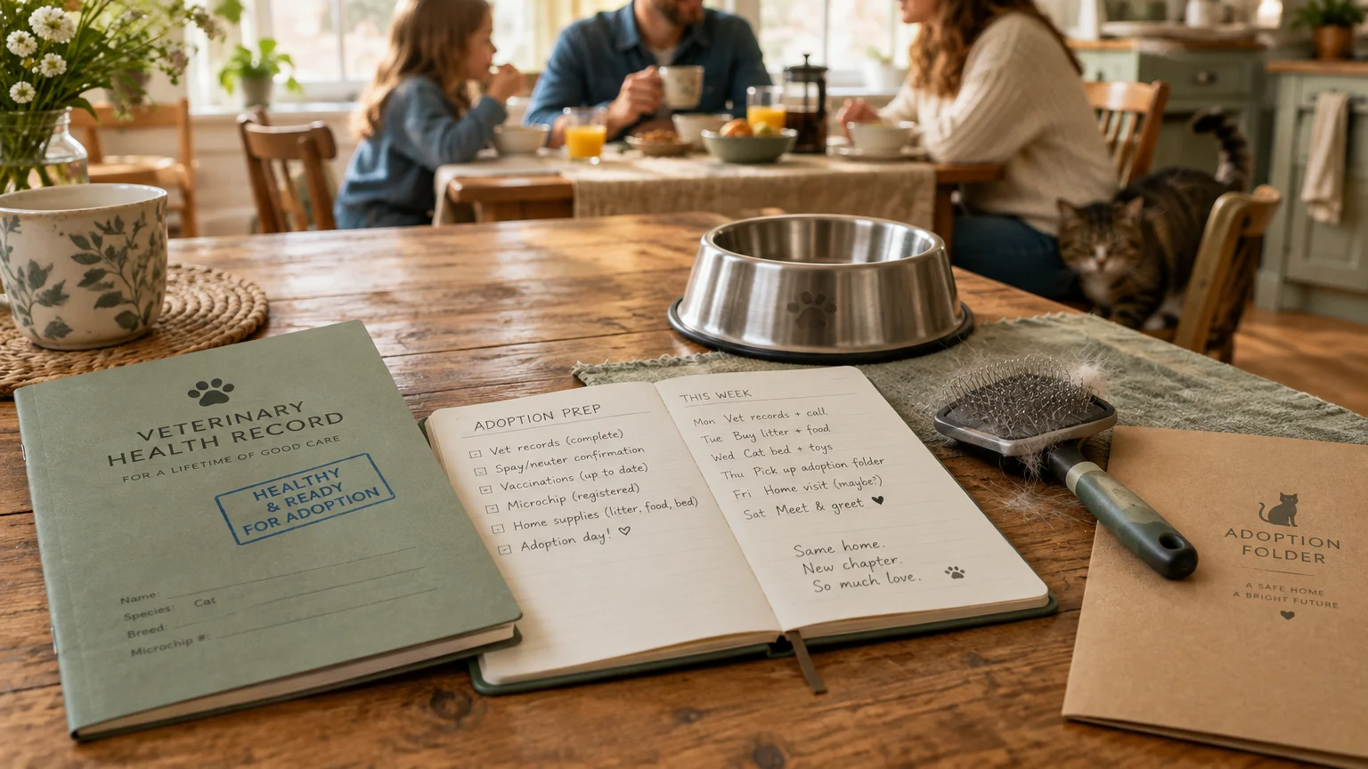 Pet adoption folders, an open planner, brush, and metal bowl on a table with a family eating breakfast behind.