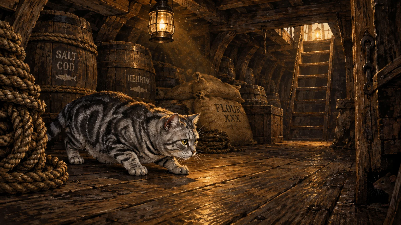 Striped tabby cat crouching on a wooden ship cargo deck among barrels, sacks, and ropes, eyeing a small rat.