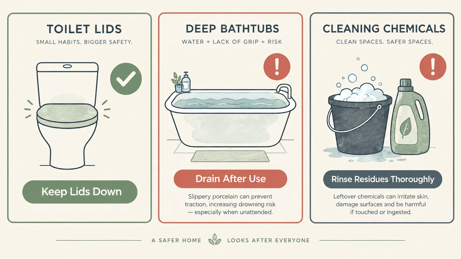 Three safety cards illustrating closed toilet lids, a full bathtub, and cleaning chemicals with cautionary guidelines.