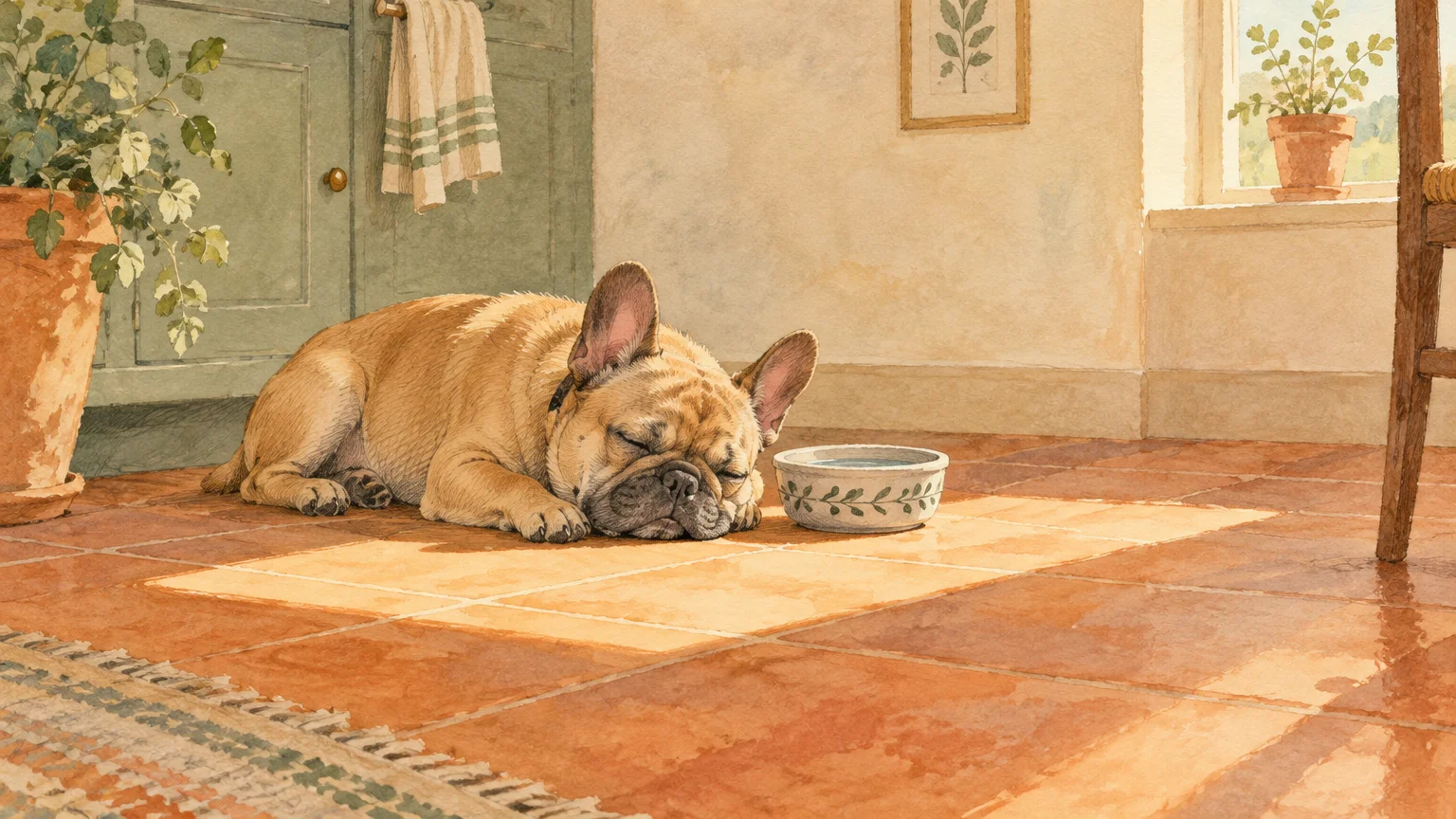 Watercolor illustration of a French bulldog sleeping on a terracotta tile floor in a sunbeam beside a water bowl.