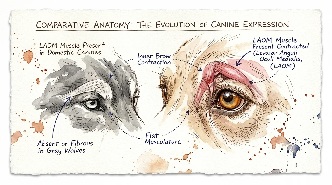 Watercolor diagram comparing eye anatomy and the levator anguli oculi medialis muscle in a gray wolf and a domestic dog.