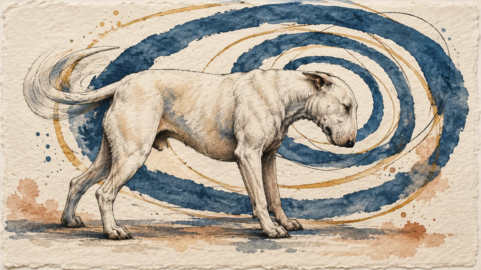 A white Bull Terrier stands with head lowered in front of a blue and tan spiral watercolor pattern on textured paper.