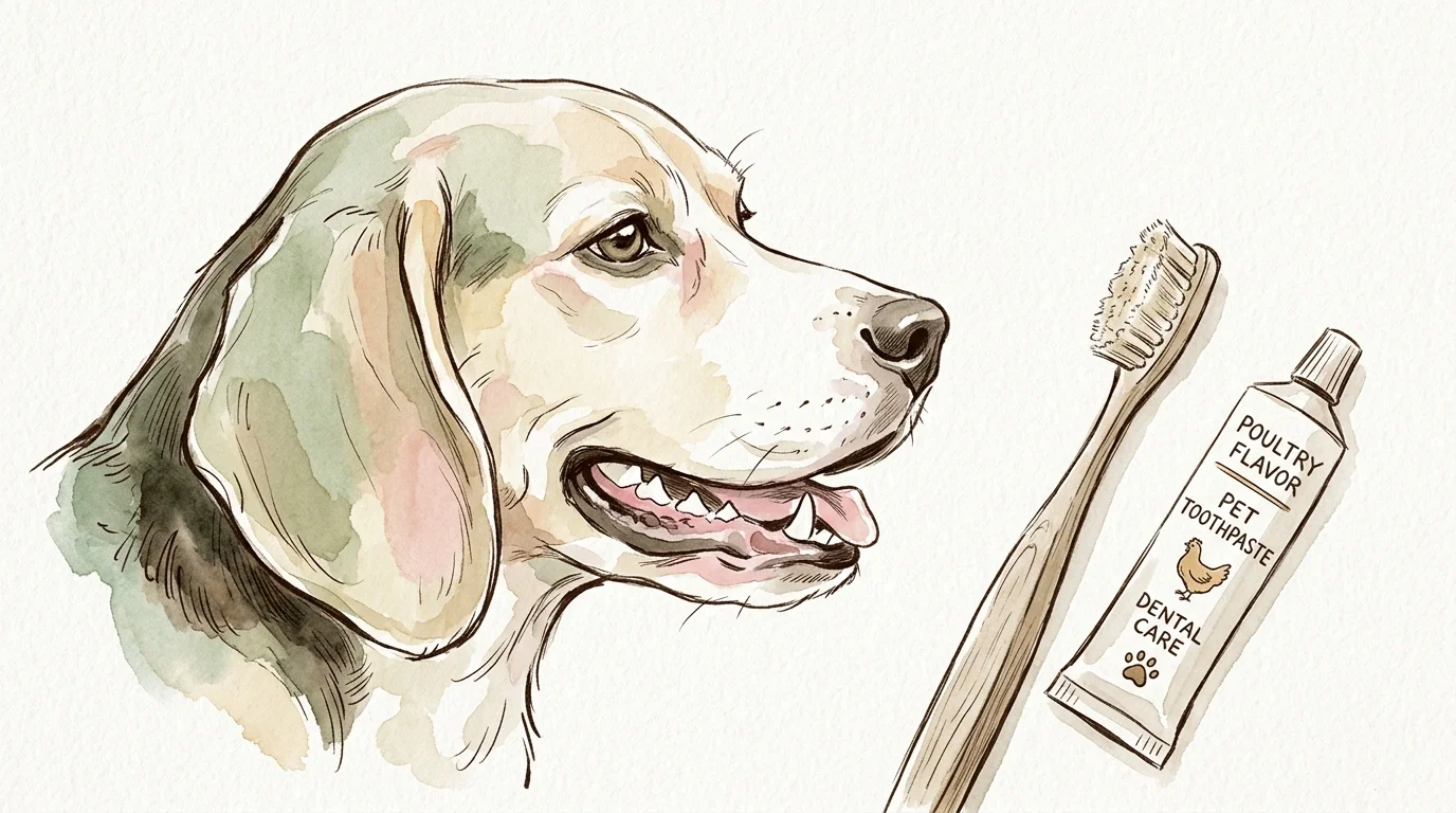 Watercolor illustration of a dog head next to a toothbrush and tube of poultry-flavor pet toothpaste.