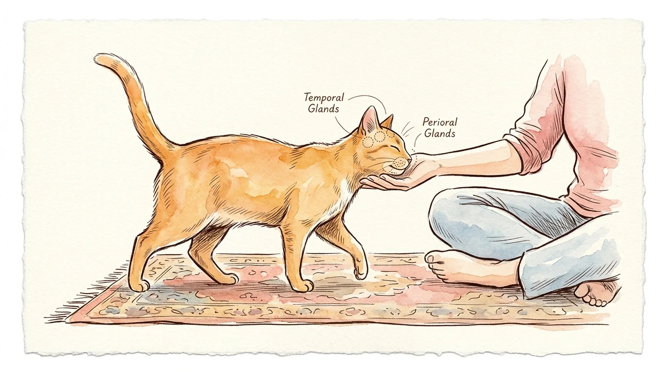 Watercolor sketch of an orange cat bunting its chin and cheek against a person's hand, with facial scent glands labeled.