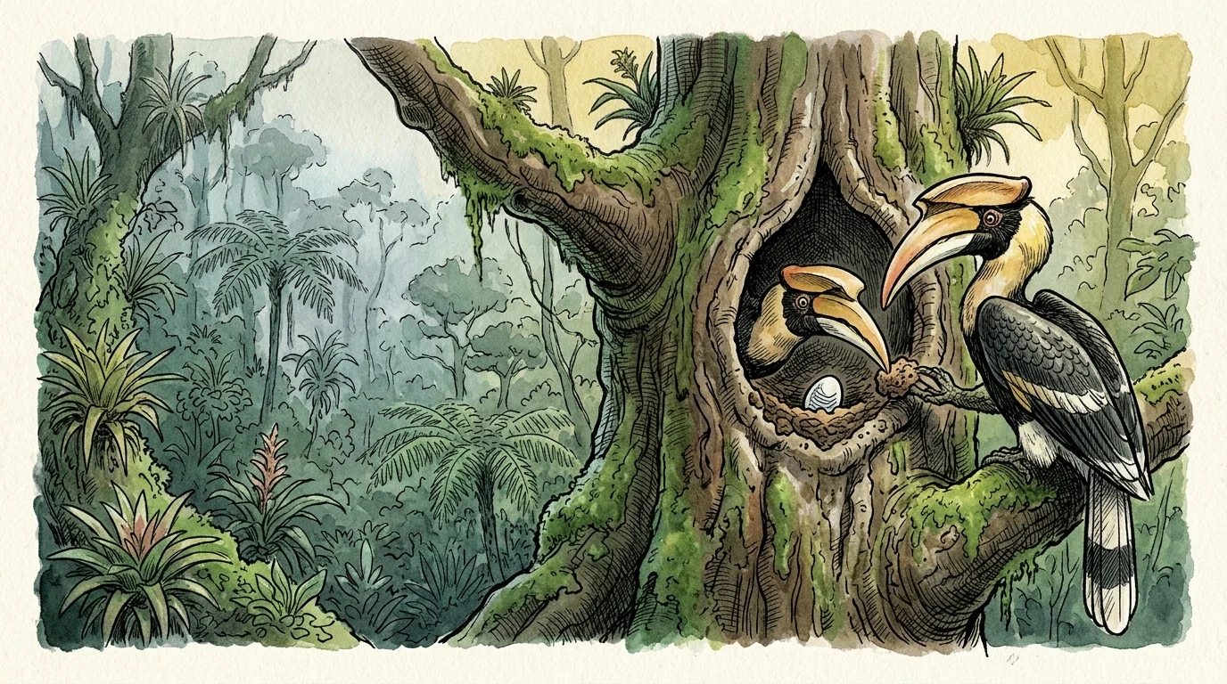 Watercolor illustration of a hornbill feeding its mate inside a mossy tree hollow containing an egg.