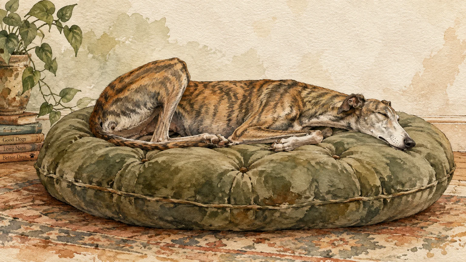 Watercolor illustration of a brindle greyhound sleeping curled up on a large round tufted green dog bed.