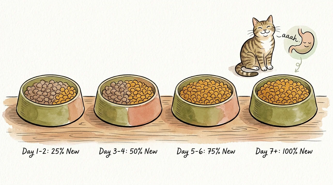 Illustration of a four-stage pet food transition guide across bowls alongside a happy tabby cat.