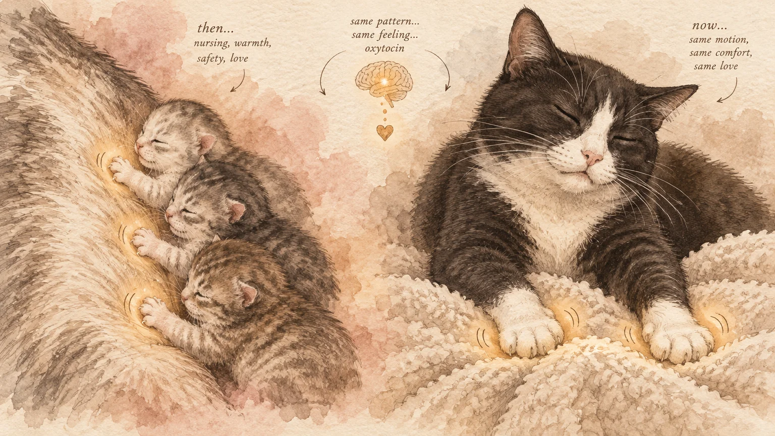 Watercolor illustration of nursing kittens on the left and a sleeping adult cat kneading a blanket on the right.