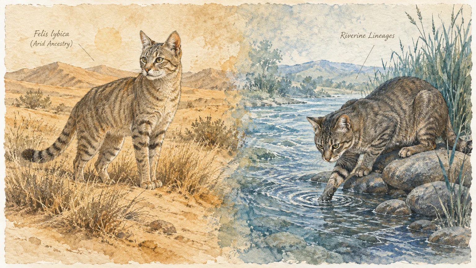 Split watercolor illustration of a wildcat in an arid desert and another cat touching a flowing river with its paw.