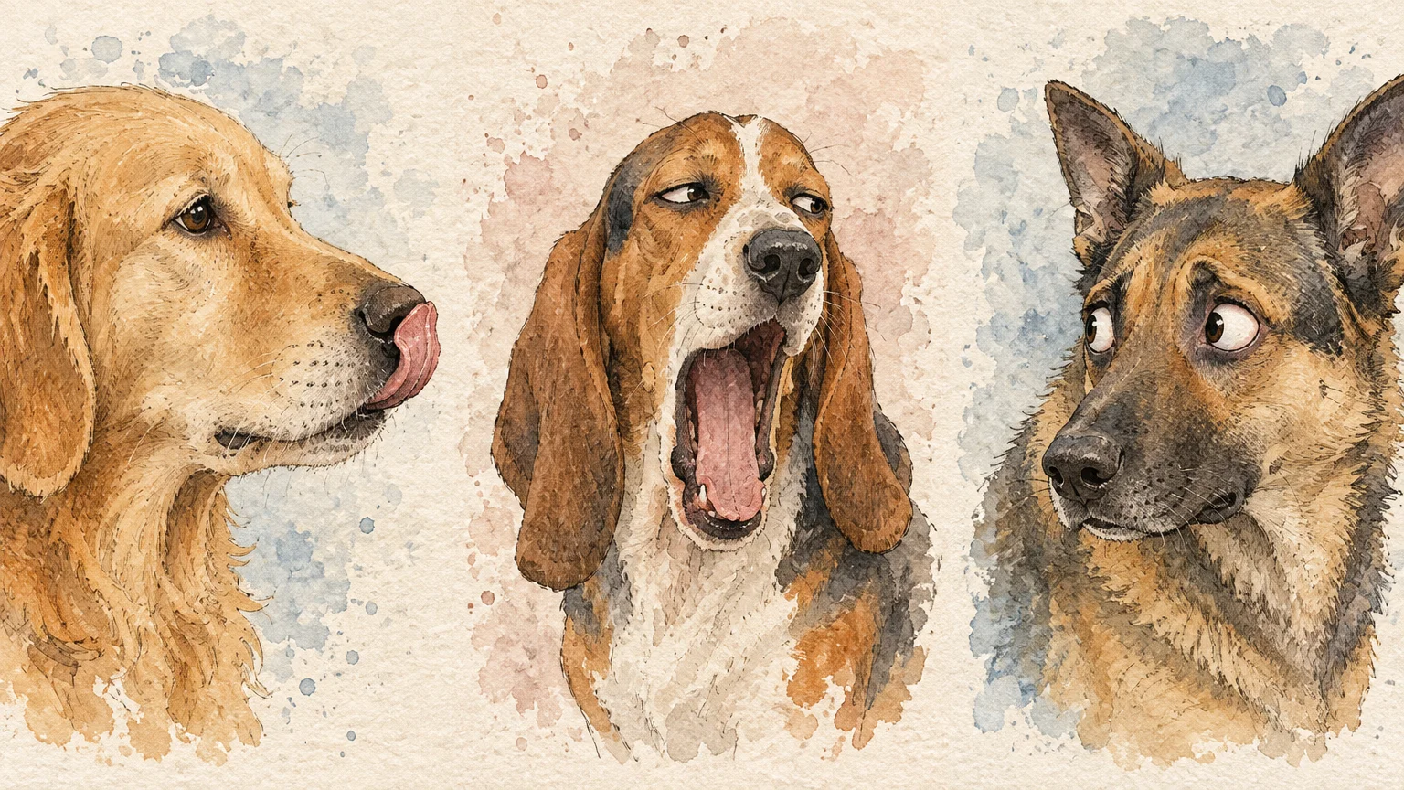 Watercolor portraits of three dogs showing stress signals: lip licking, wide yawning, and anxious side-eye.