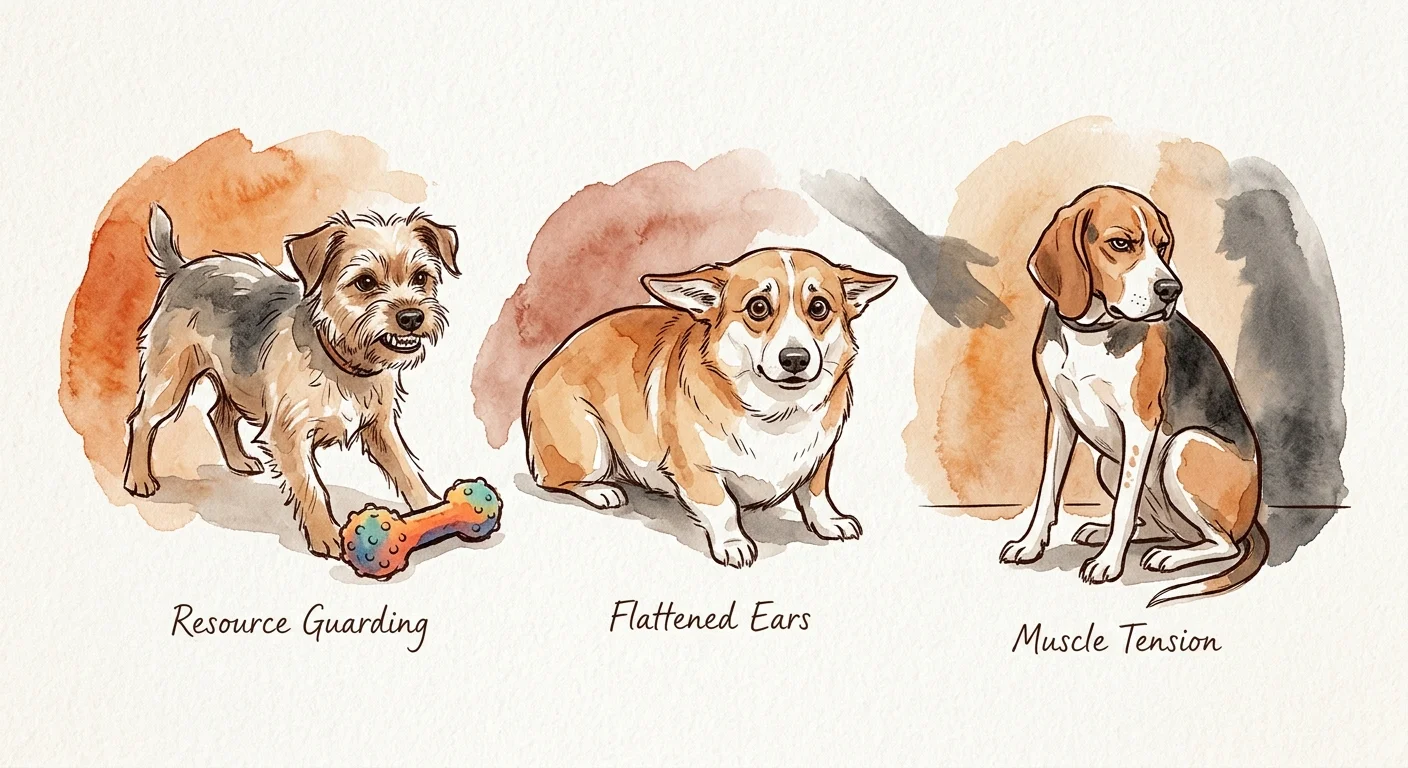 Watercolor illustrations of three dogs demonstrating stress: resource guarding a toy, flattened ears, and muscle tension.