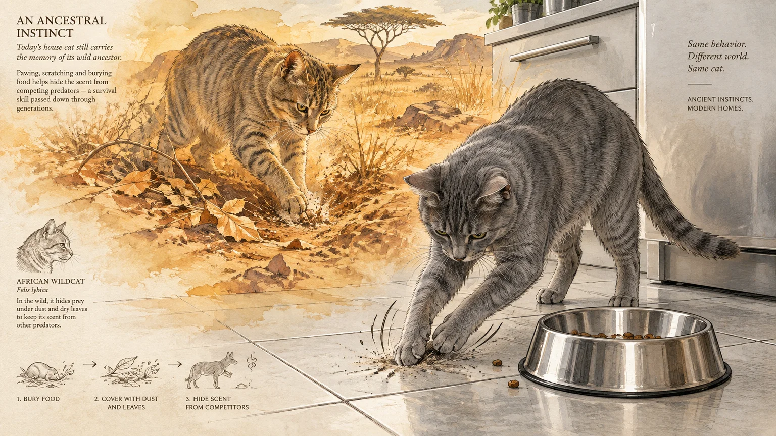 Split illustration of an African wildcat pawing savanna dirt beside a domestic cat scratching tiles near its food bowl.
