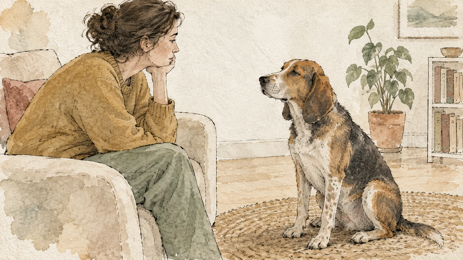 Watercolor illustration of a woman in an armchair looking thoughtfully at a seated hound dog gazing back at her.