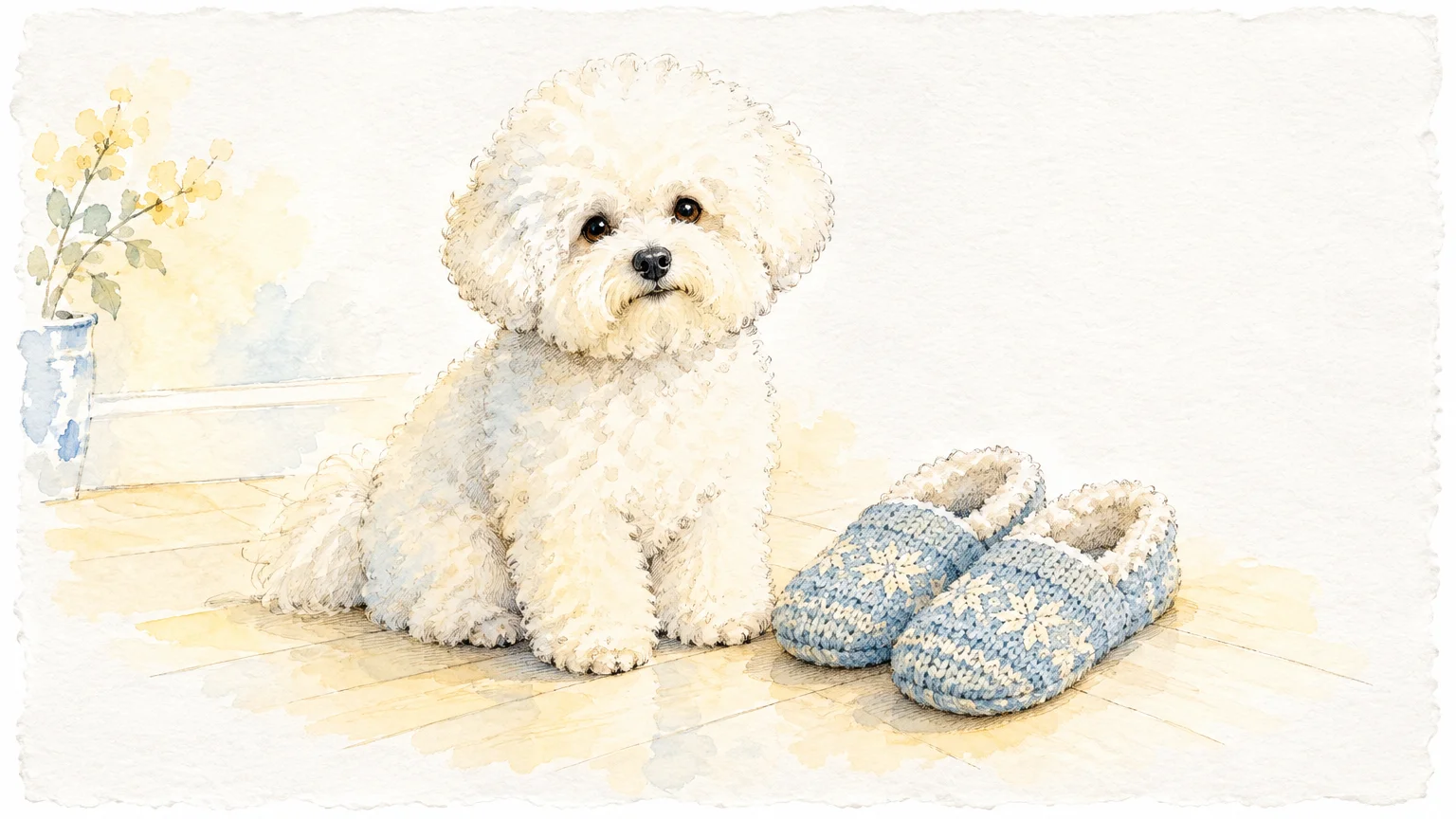 Watercolor illustration of a fluffy white Bichon Frise sitting on a wooden floor next to a pair of blue knit slippers.