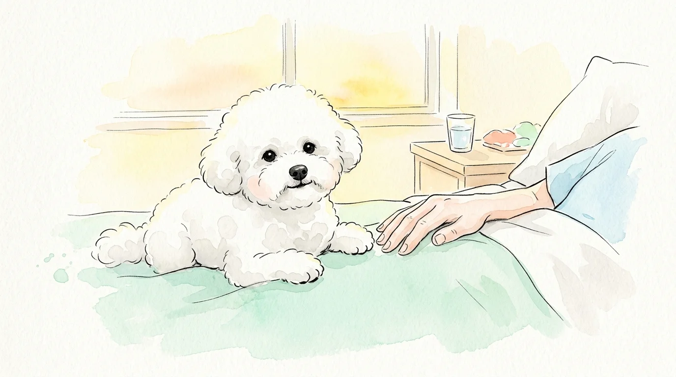 Watercolor illustration of a fluffy white Bichon Frise resting on a hospital bed beside a patient's hand.