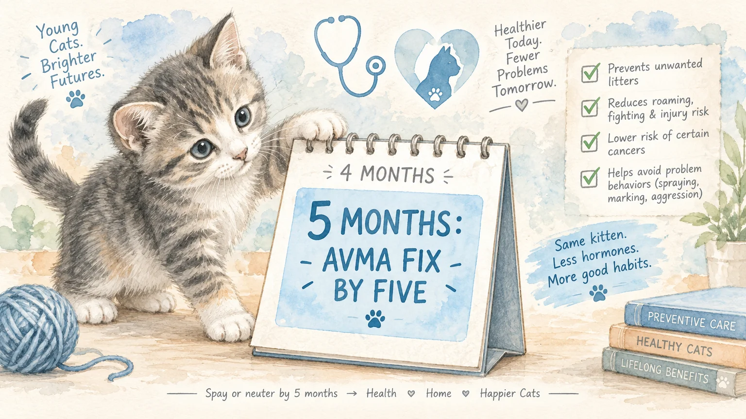 Watercolor illustration of a tabby kitten with a desk calendar reading 5 Months: AVMA Fix by Five beside health benefit notes.