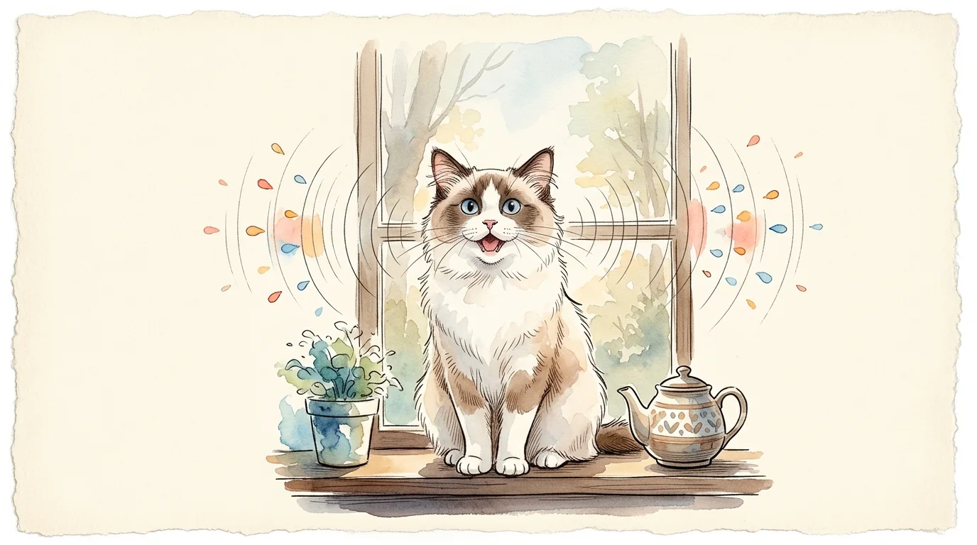 Watercolor illustration of a fluffy cat sitting on a windowsill vocalizing with sound wave lines around its head.