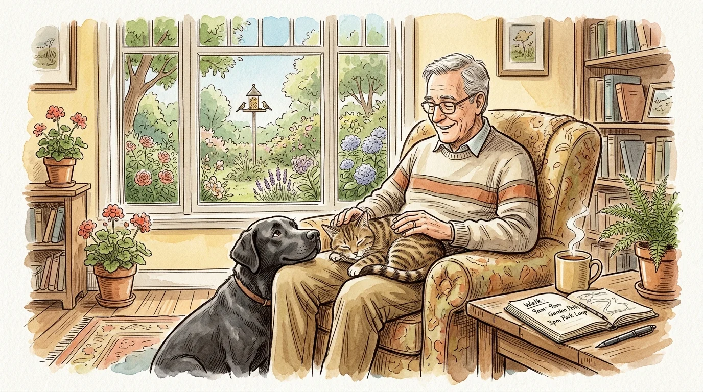 Watercolor illustration of a smiling senior man in an armchair petting a sleeping cat on his lap beside a black dog.