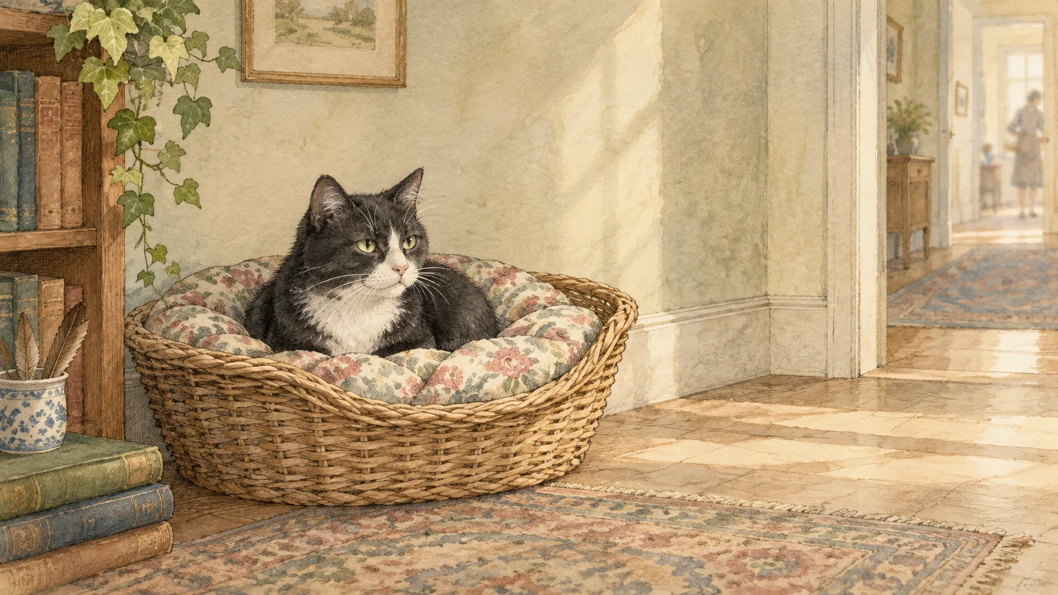 Illustration of a black and white cat resting in a wicker basket bed on a rug beside a bookshelf.
