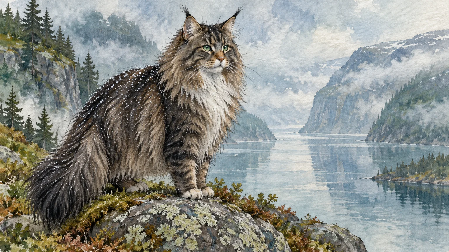 Watercolor illustration of a longhaired Norwegian Forest Cat standing on a rocky cliff overlooking a misty fjord.