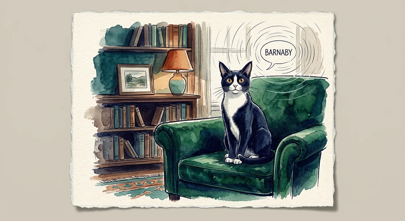 Watercolor illustration of a black-and-white cat sitting on a green armchair hearing the name Barnaby called in a room.