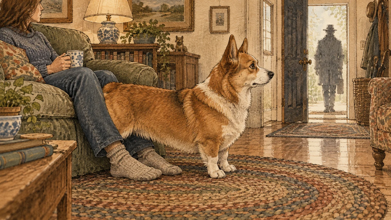 Illustration of a corgi standing stiffly in front of a seated woman's legs, looking toward an open doorway.