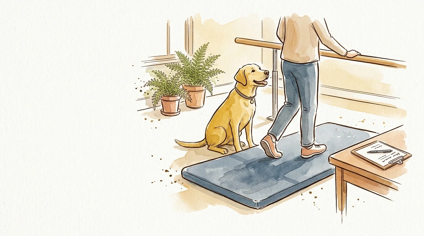 Watercolor illustration of a yellow Labrador sitting beside a person walking along parallel bars in physical therapy.