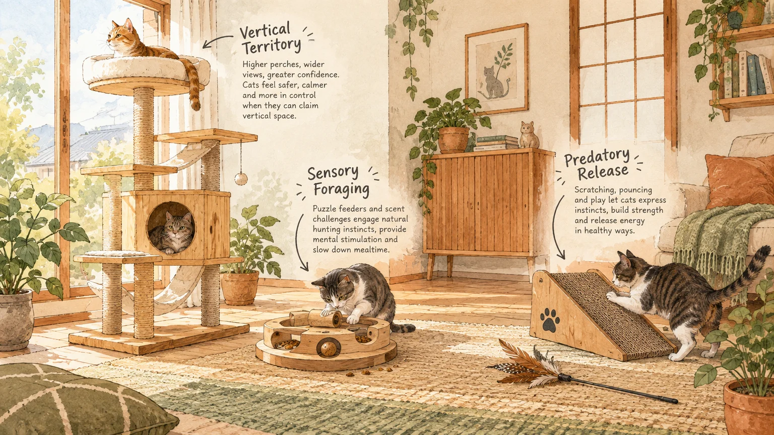 Cats in a sunlit living room using a tall wooden cat tree, a round foraging puzzle, and an angled scratcher ramp.