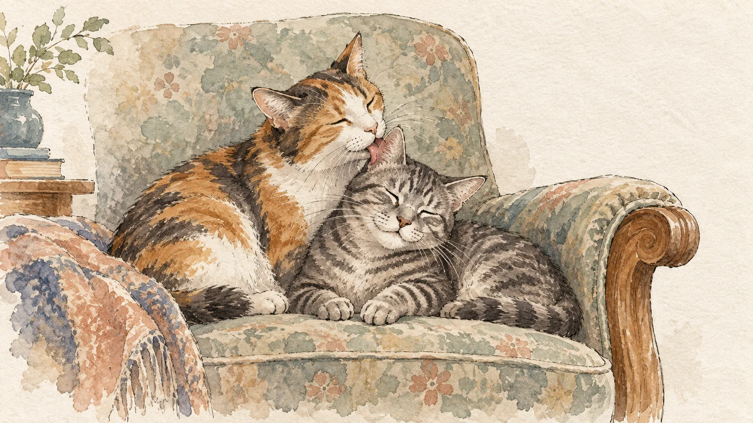 Watercolor illustration of a calico cat grooming a sleeping tabby cat while resting together on a floral armchair.