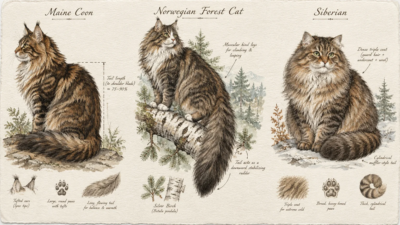 Illustrated guide comparing the physical traits, coats, and bushy tails of Maine Coon, Norwegian Forest, and Siberian cats.