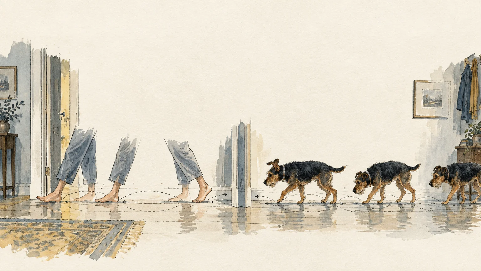 Watercolor illustration showing sequential steps of bare feet and a small terrier pacing across a wooden hallway floor.