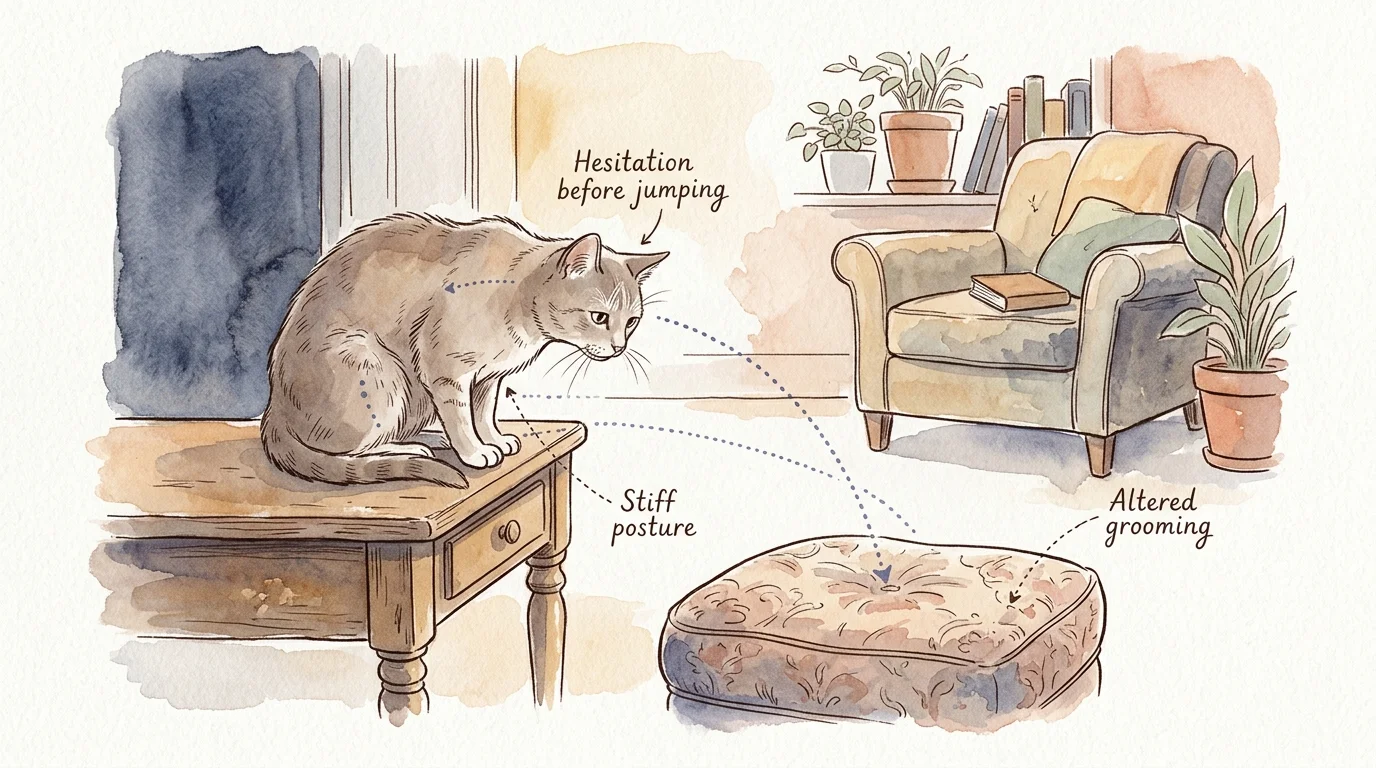 Watercolor illustration of a cat hesitating on a table with labels pointing out stiff posture and jumping hesitation.