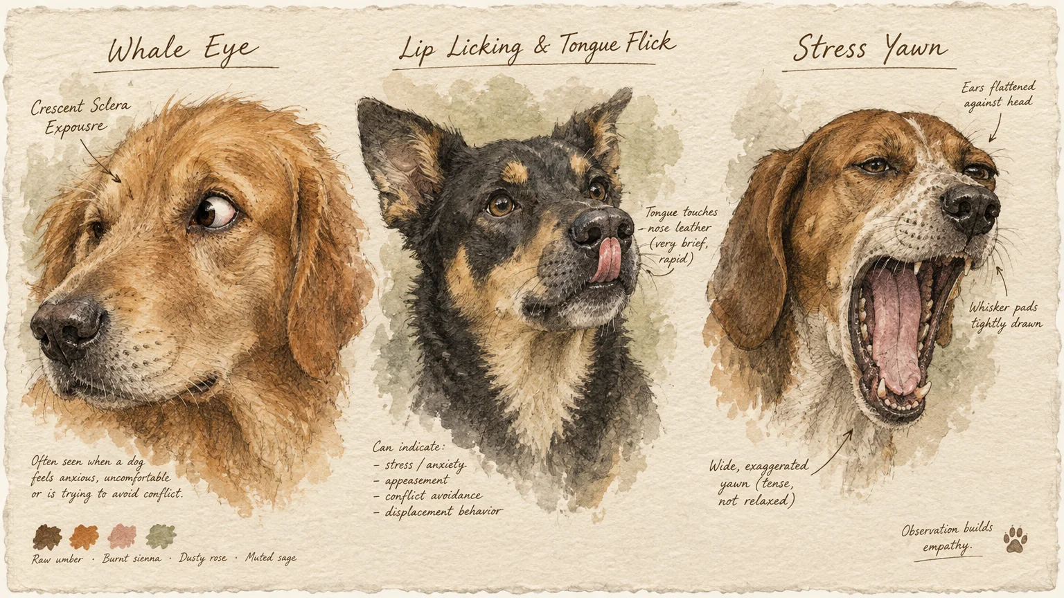 Illustrated guide depicting three canine stress signs: whale eye in a retriever, lip licking in a shepherd, and yawning.