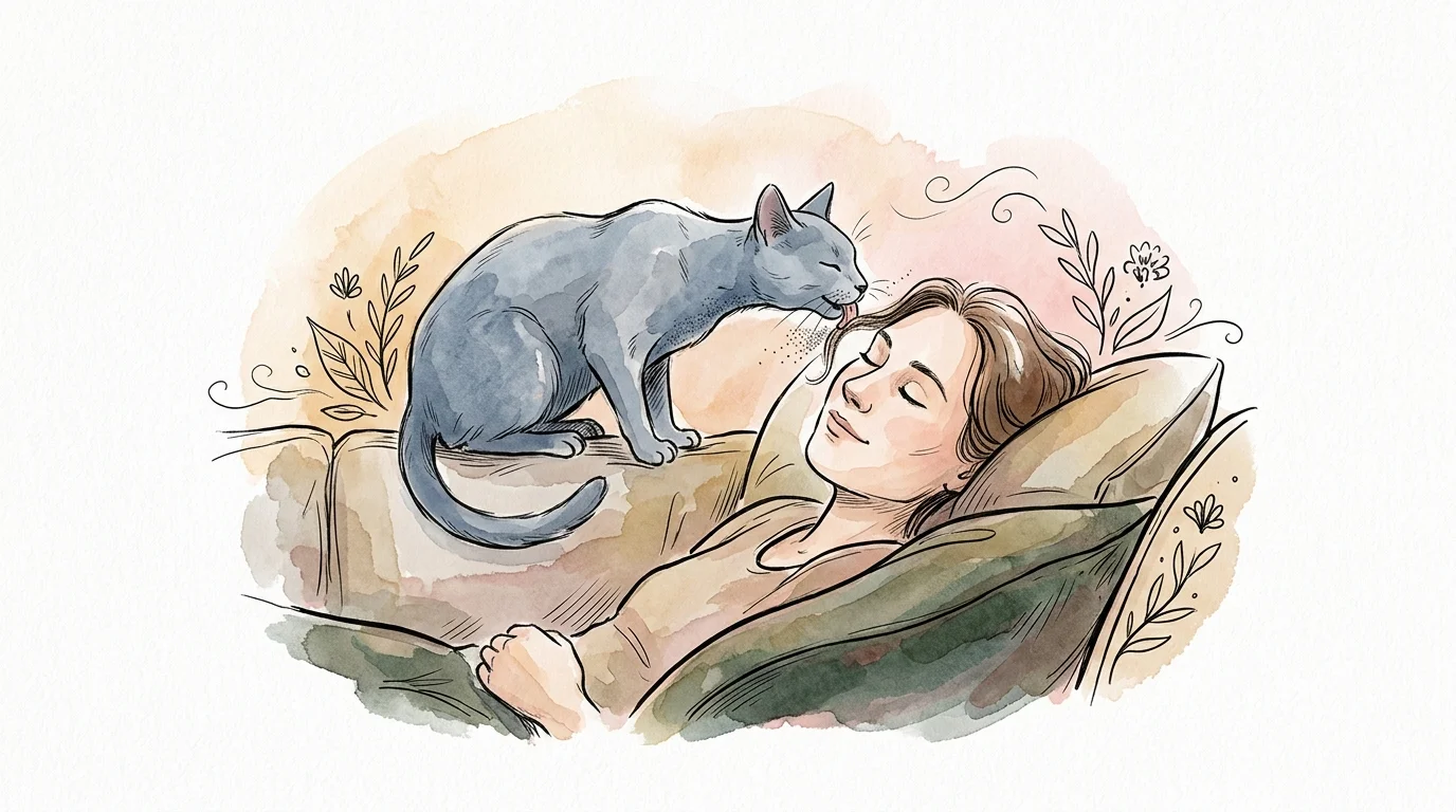 Watercolor illustration of a gray cat perched on a sofa cushion, gently licking a sleeping woman's hair.
