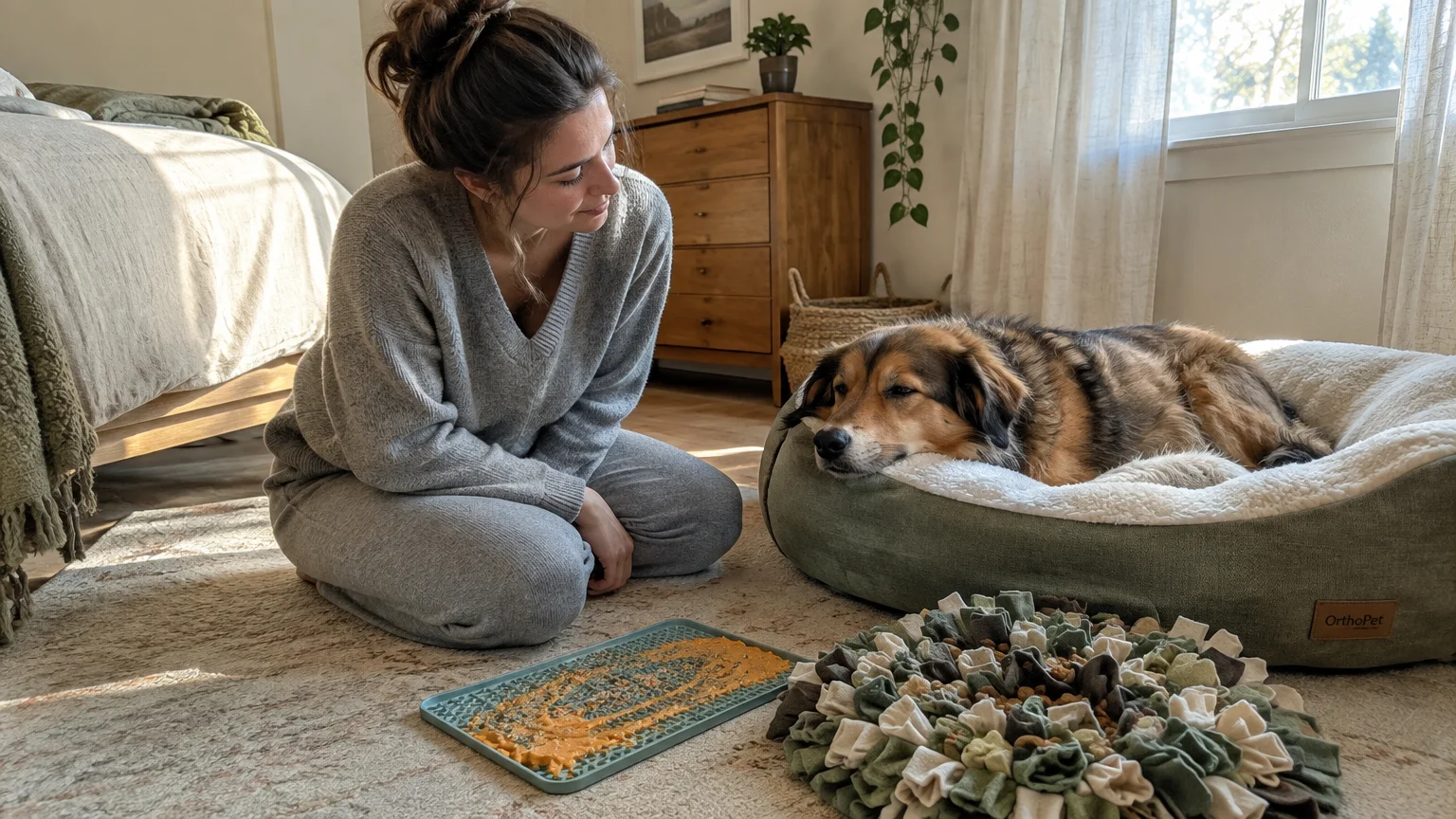 A woman sitting on a bedroom floor near a dog resting in a pet bed beside a lick mat and snuffle mat.