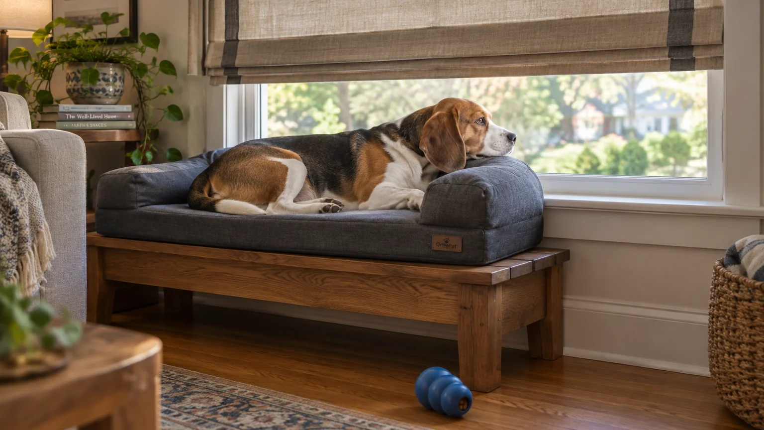 Beagle resting on a cushioned dog bed placed on a low wooden bench beneath an open window looking outside.