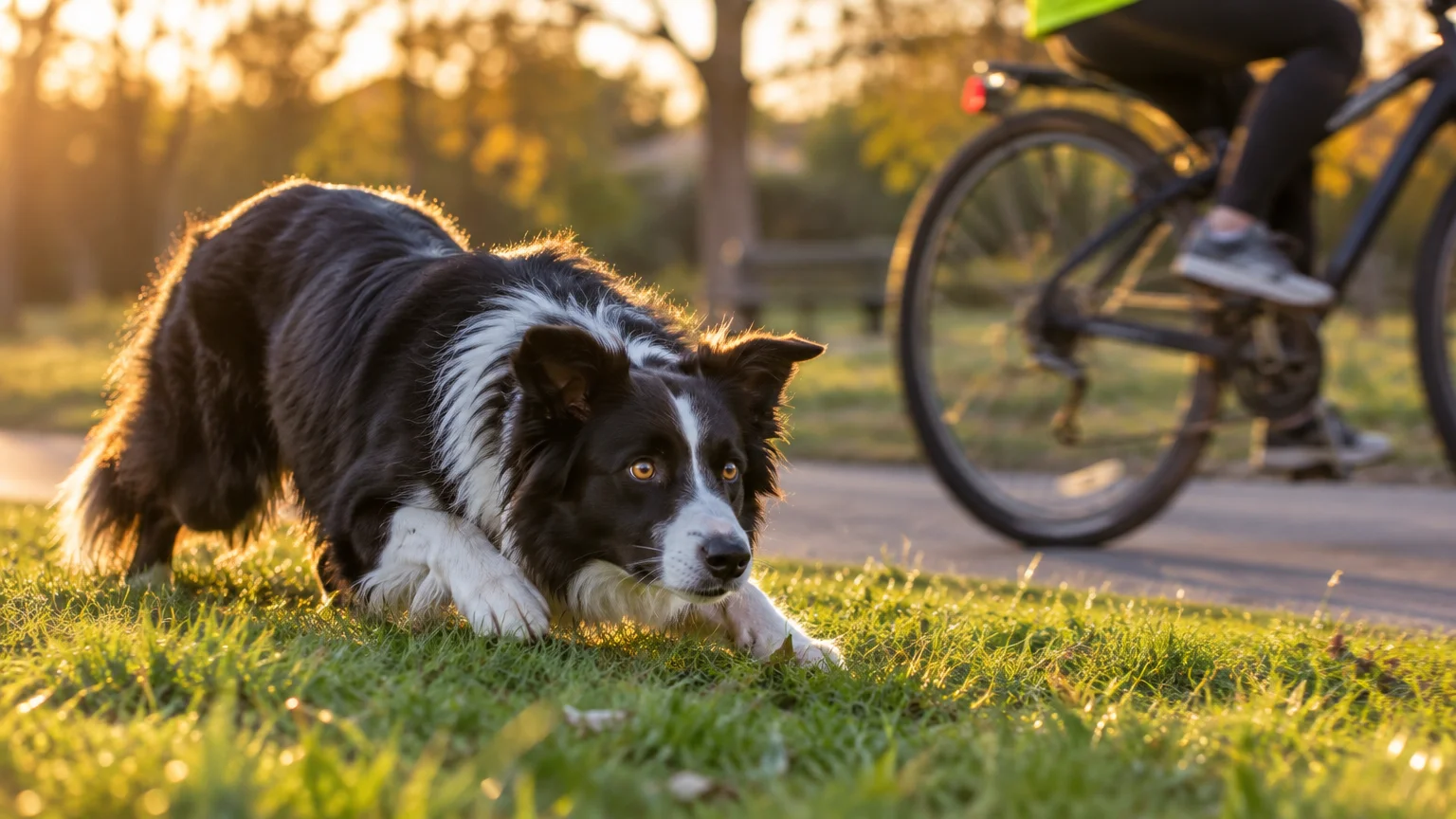 A Border Collie crouches low in the grass, intently watching a cyclist ride past on a paved park path.