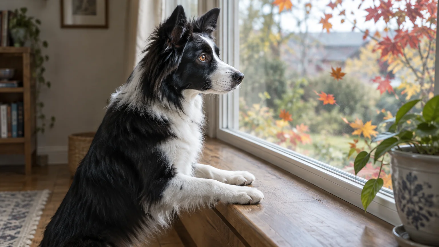 A black and white border collie rests its front paws on a wooden windowsill while looking outside at autumn leaves.