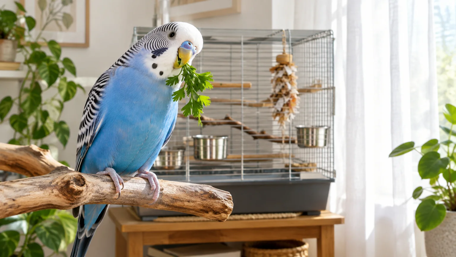 A blue and white budgie perched on a wooden branch holding fresh green parsley in its beak, in front of a wire cage.