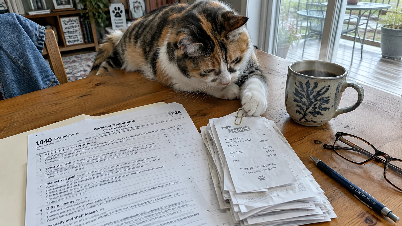 A calico cat lying on a table beside an IRS Form 1040 Schedule A tax document, receipts, and a mug.