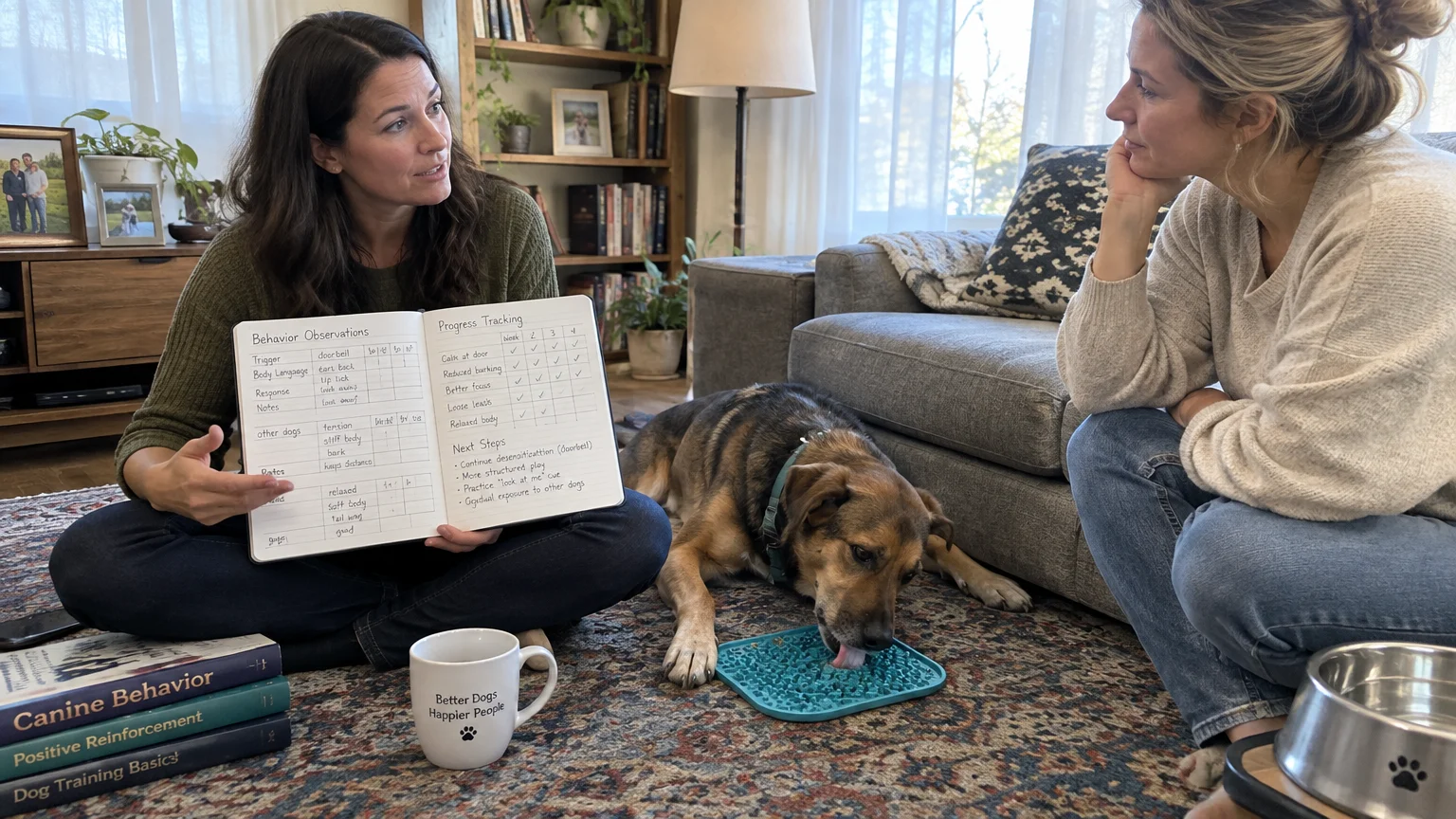 Two women sit on a rug with a dog licking a mat while one holds an open behavior tracking notebook.