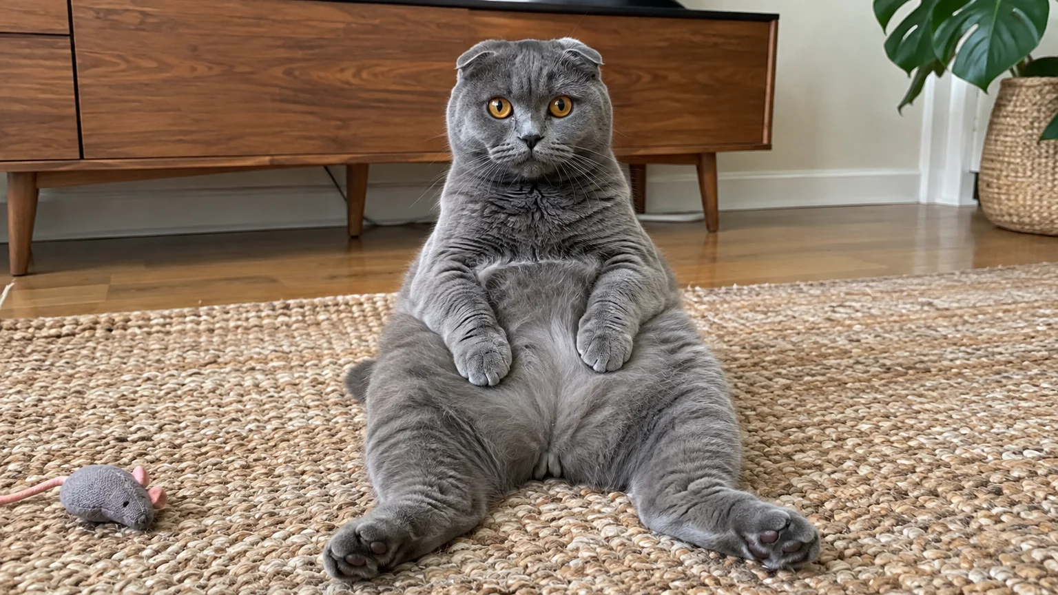 A gray Scottish Fold cat sits upright on its haunches on a woven rug, staring forward with bright amber eyes.