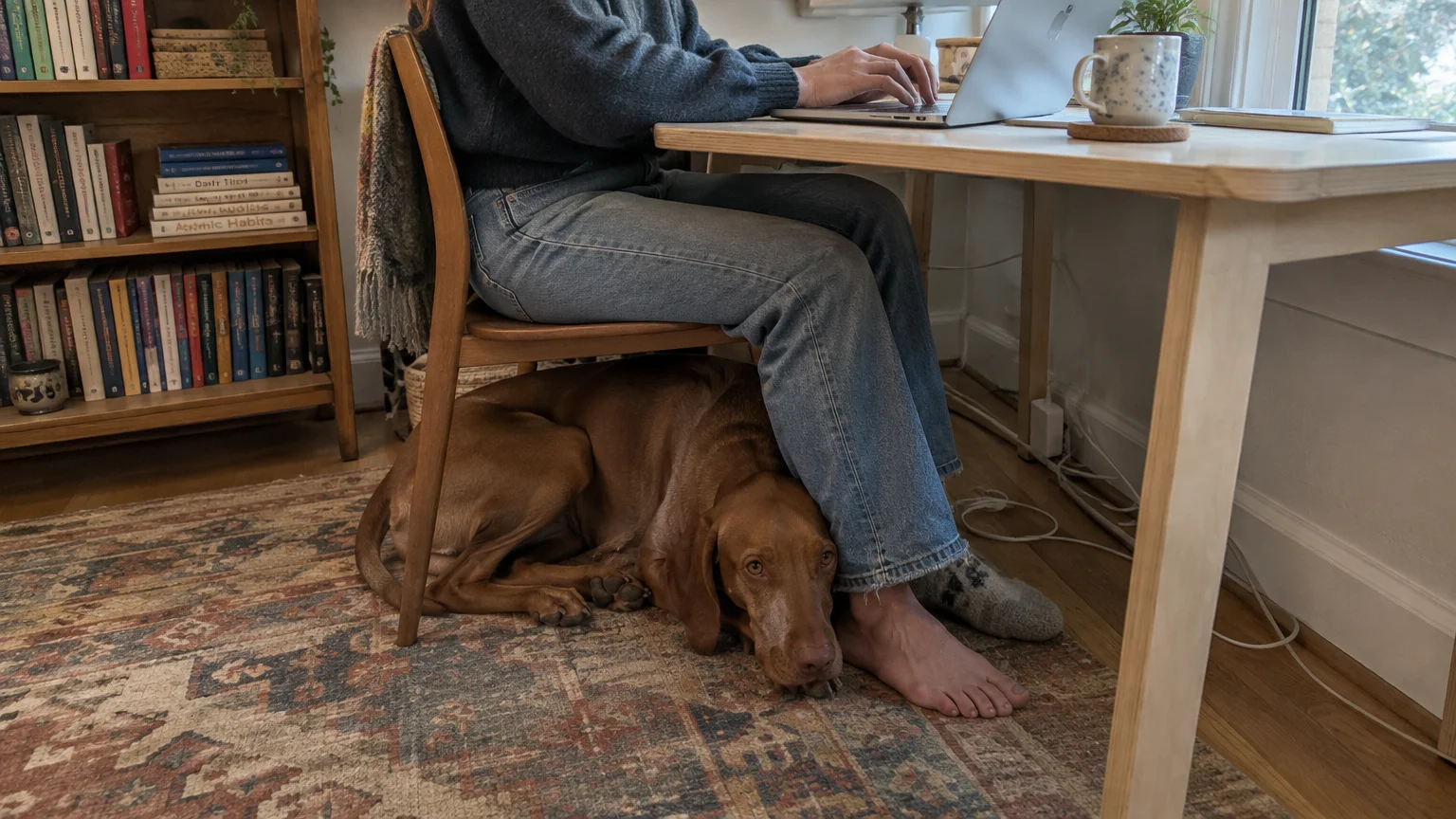 A brown Vizsla dog lies on a rug under a wooden chair, resting its head right against the feet of a person typing on a laptop.
