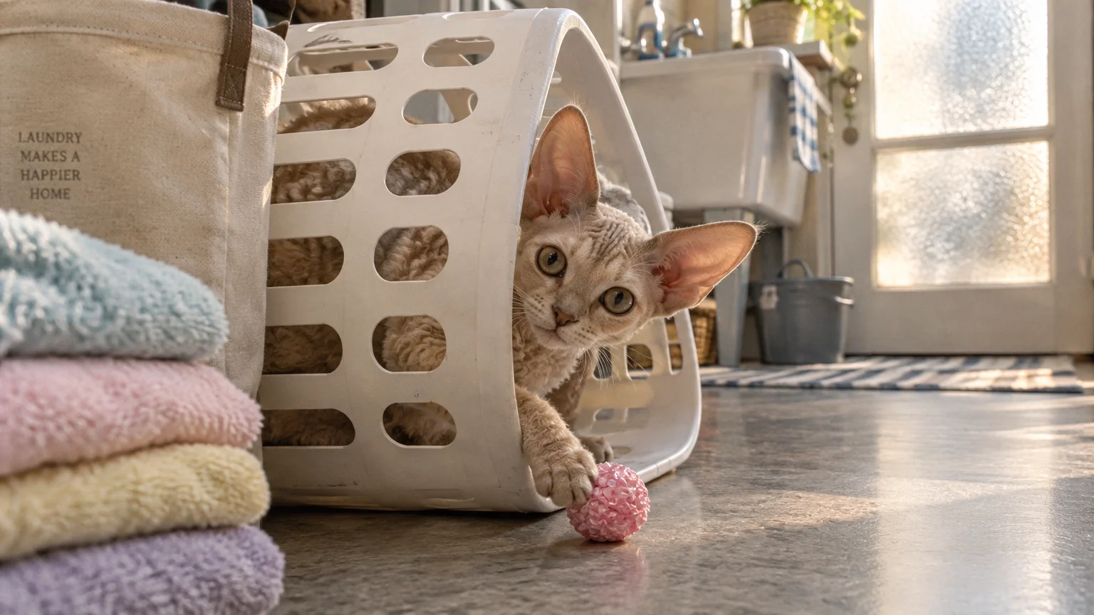A curly-haired Devon Rex cat peers out from inside an overturned white laundry basket, touching a pink toy ball.