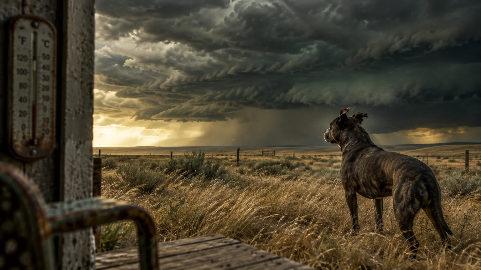 A brindle dog stands in a grassy field looking out toward dramatic, dark storm clouds gathering on the horizon.