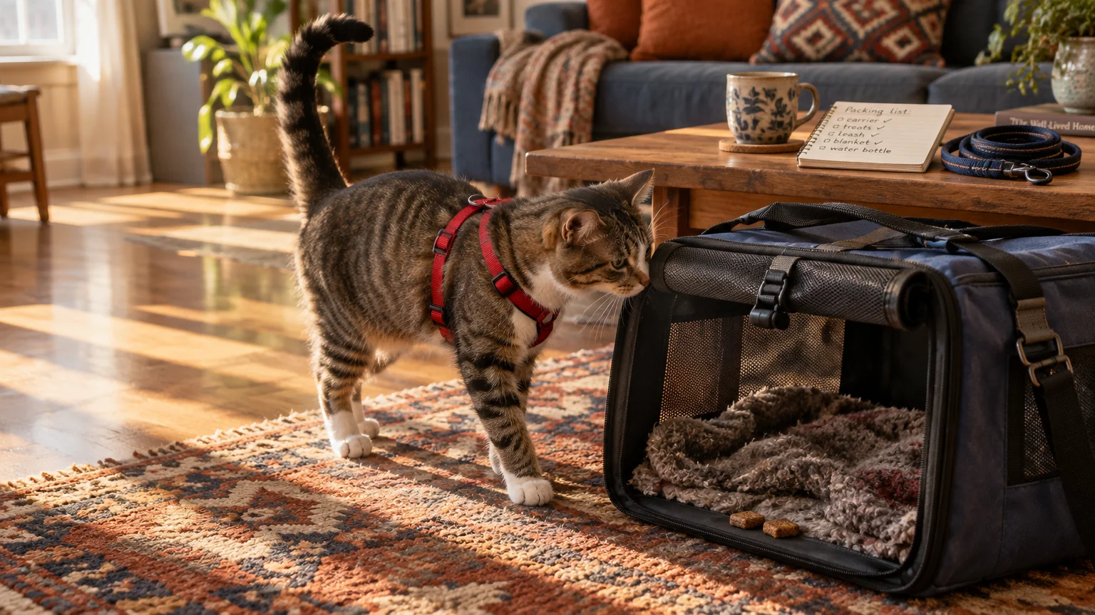 Tabby cat wearing a red harness approaches an open blue soft carrier with a blanket and treats inside on an area rug.